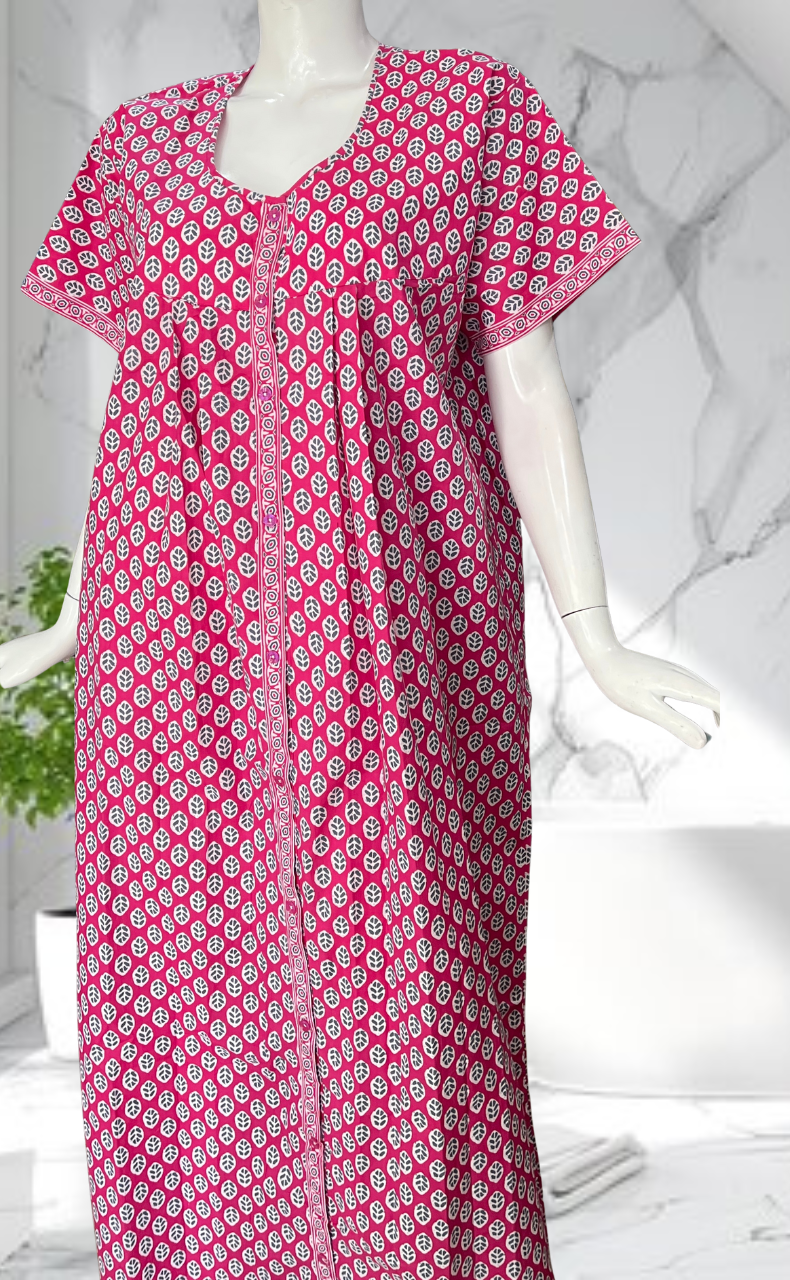 Pink Leafy Full Open Pure Cotton Nighty. Pure Cotton | Laces and Frills