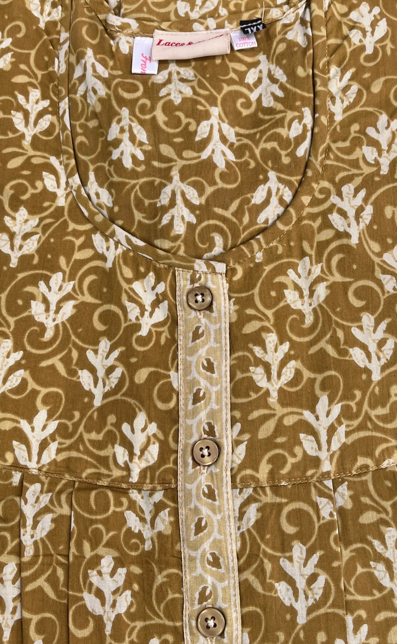 Mustard Leafy Full Open Pure Cotton Nighty. Pure Cotton | Laces and Frills