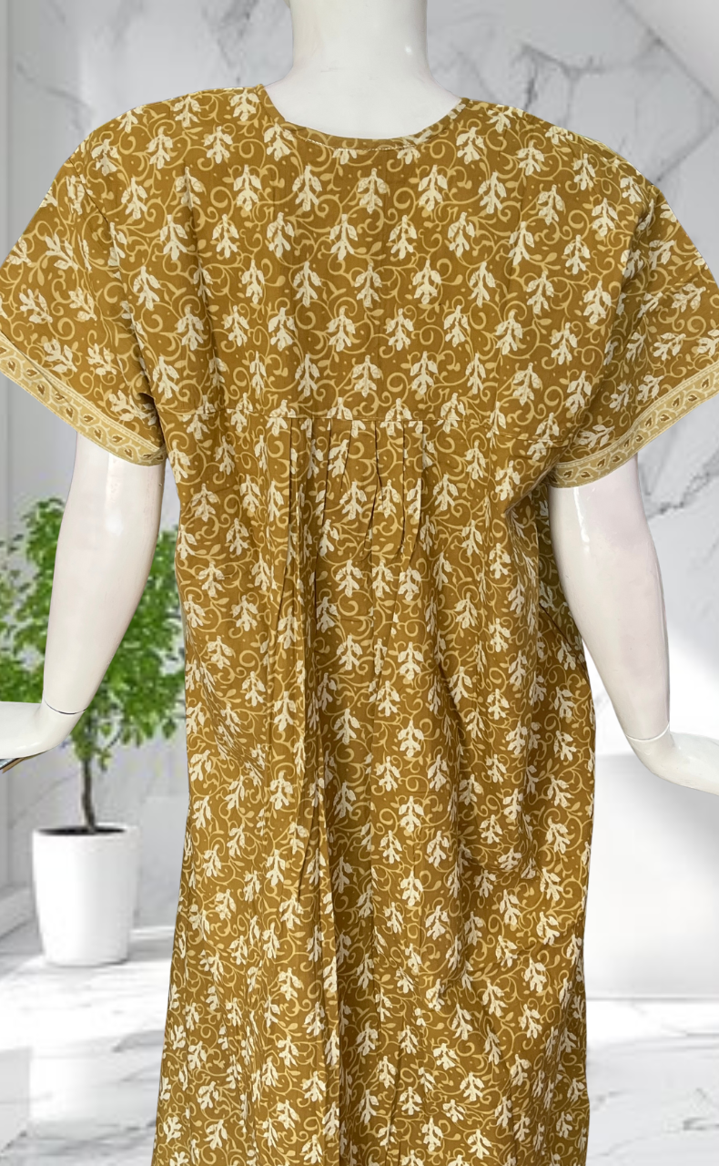 Mustard Leafy Full Open Pure Cotton Nighty. Pure Cotton | Laces and Frills