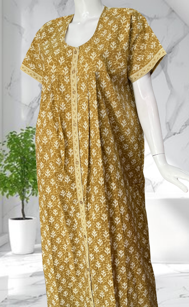Mustard Leafy Full Open Pure Cotton Nighty. Pure Cotton | Laces and Frills