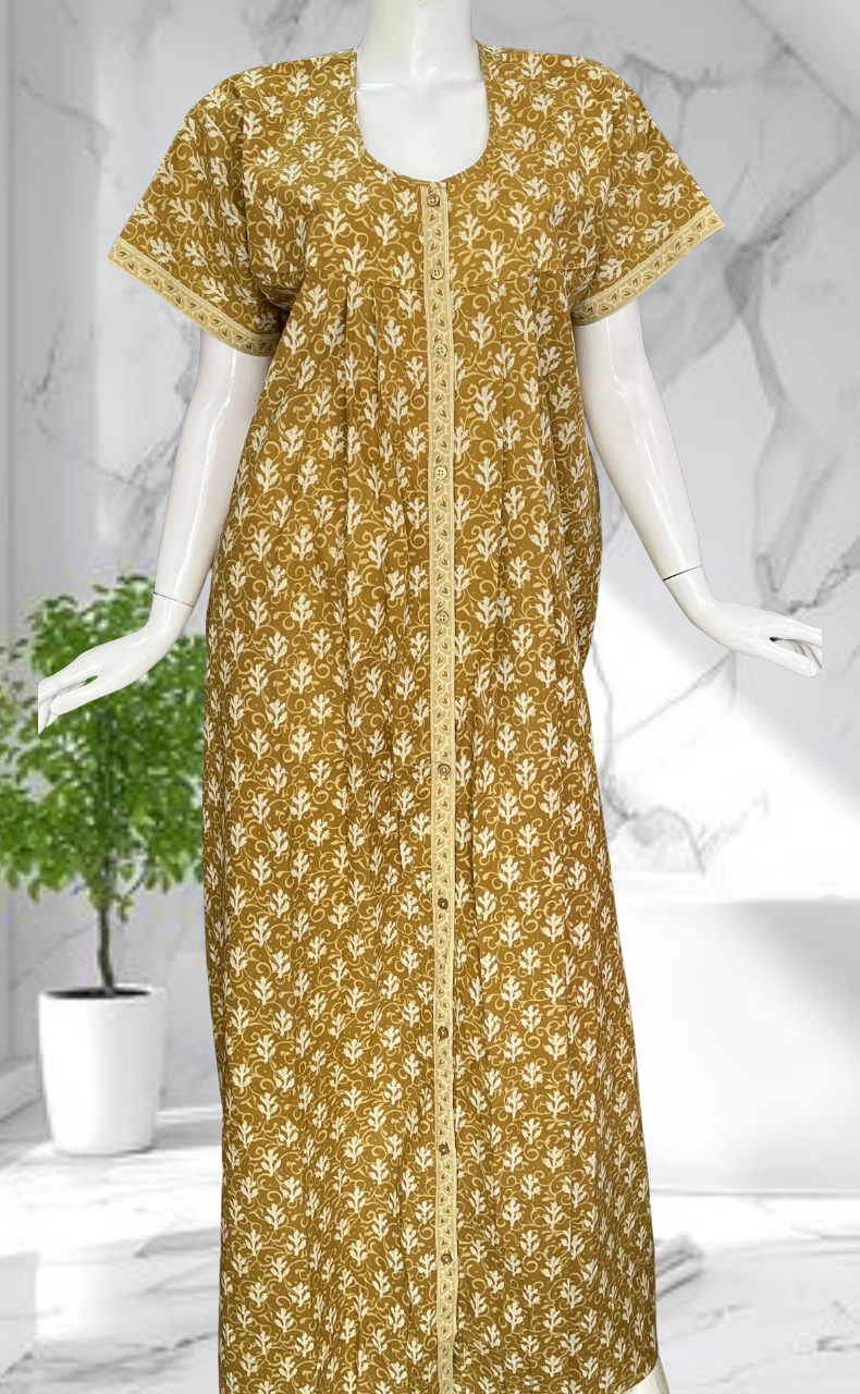 Mustard Leafy Full Open Pure Cotton Nighty. Pure Cotton | Laces and Frills