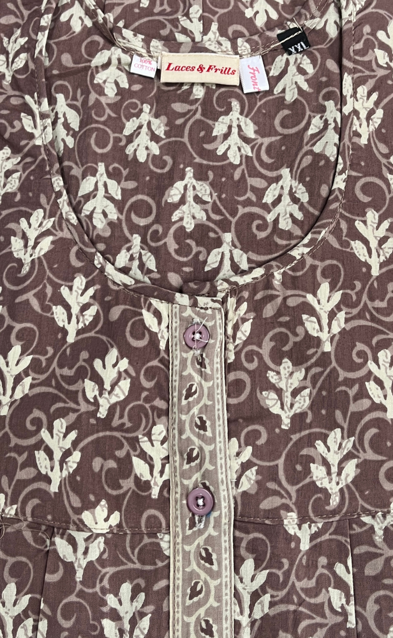 Light Brown Leafy Full Open Pure Cotton Nighty. Pure Cotton | Laces and Frills