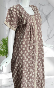 Light Brown Leafy Full Open Pure Cotton Nighty. Pure Cotton | Laces and Frills