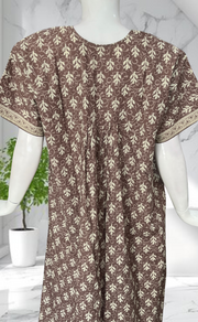 Light Brown Leafy Full Open Pure Cotton Nighty. Pure Cotton | Laces and Frills