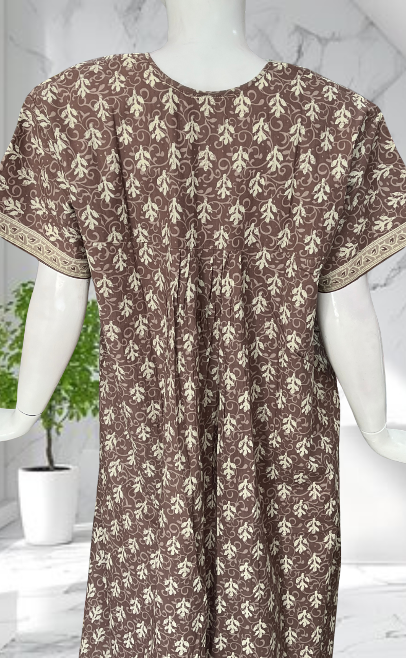 Light Brown Leafy Full Open Pure Cotton Nighty. Pure Cotton | Laces and Frills
