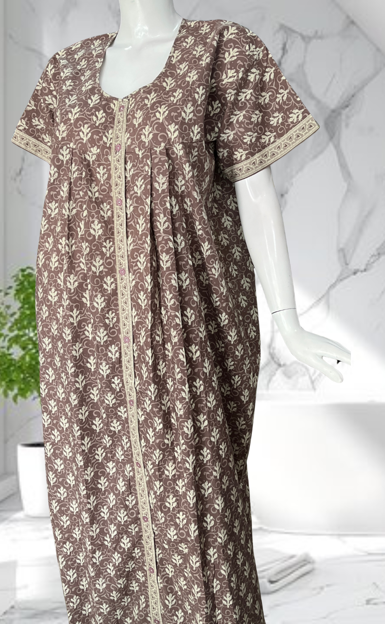 Light Brown Leafy Full Open Pure Cotton Nighty. Pure Cotton | Laces and Frills