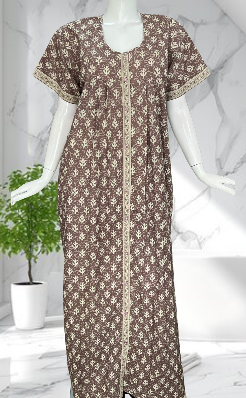 Light Brown Leafy Full Open Pure Cotton Nighty. Pure Cotton | Laces and Frills
