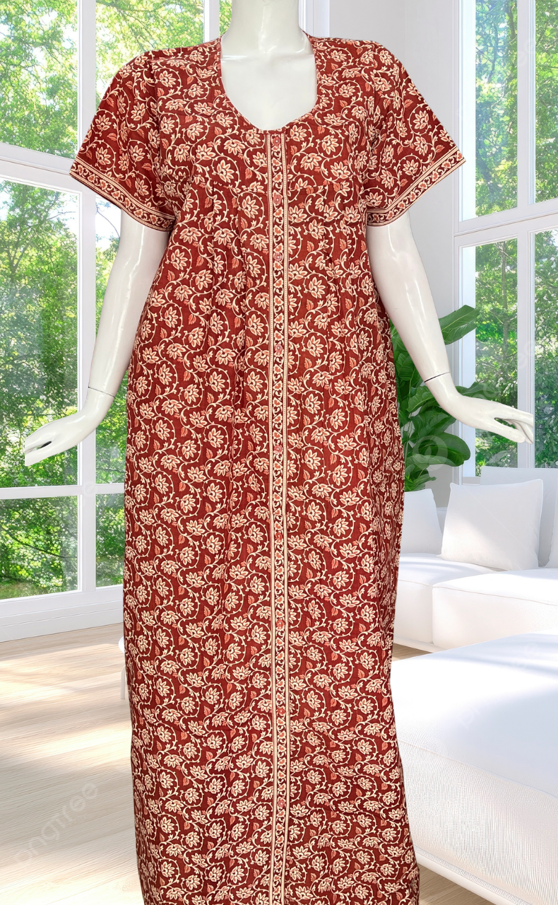 Rust Maroon Garden Full Open Pure Cotton Nighty. Pure Cotton | Laces and Frills