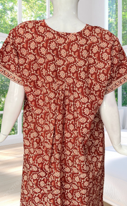 Rust Maroon Garden Full Open Pure Cotton Nighty. Pure Cotton | Laces and Frills