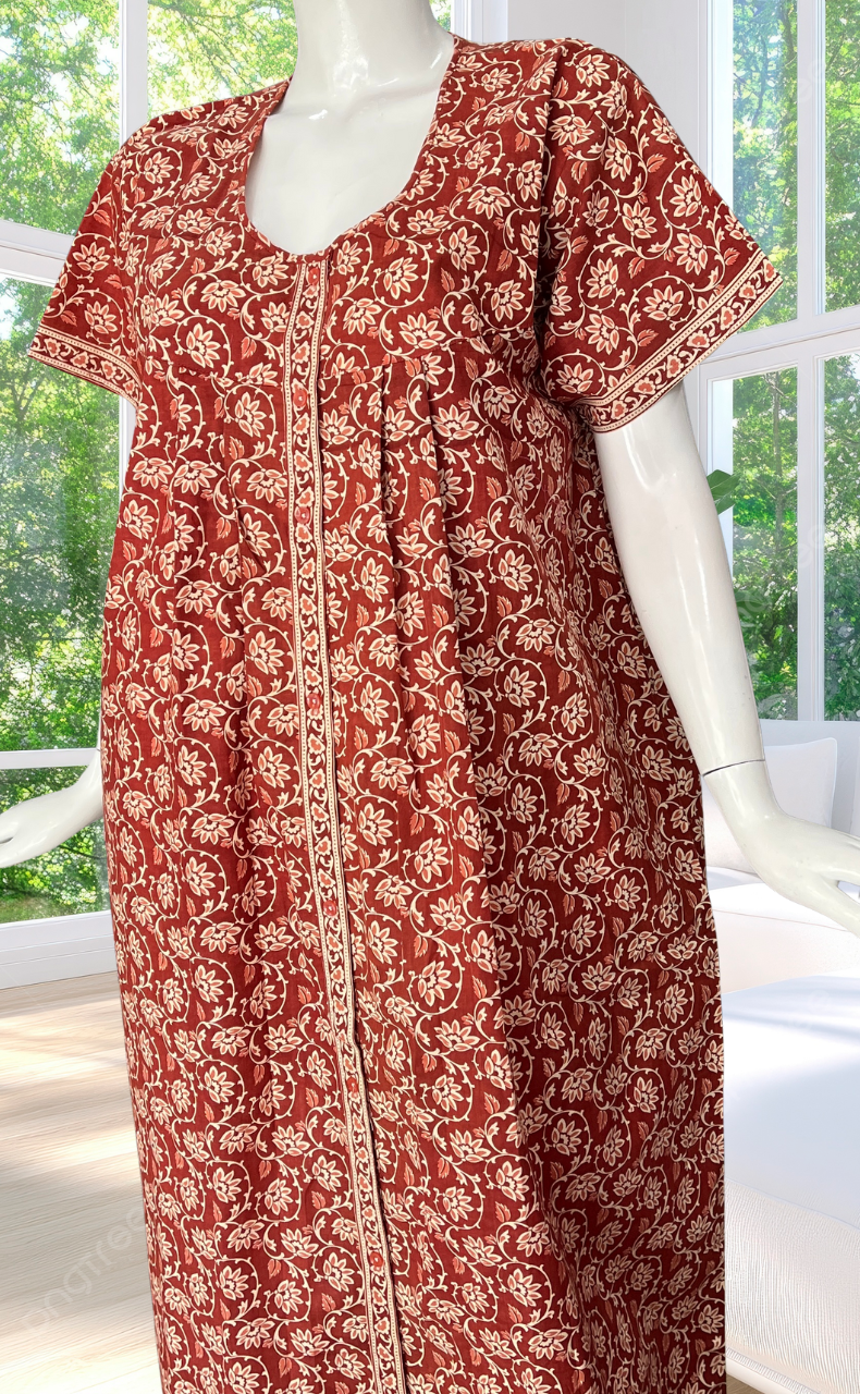 Rust Maroon Garden Full Open Pure Cotton Nighty. Pure Cotton | Laces and Frills