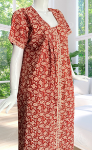 Rust Maroon Garden Full Open Pure Cotton Nighty. Pure Cotton | Laces and Frills