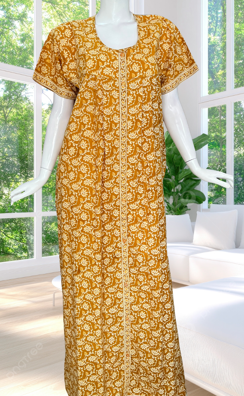 Yellow Garden Full Open Pure Cotton Nighty. Pure Cotton | Laces and Frills