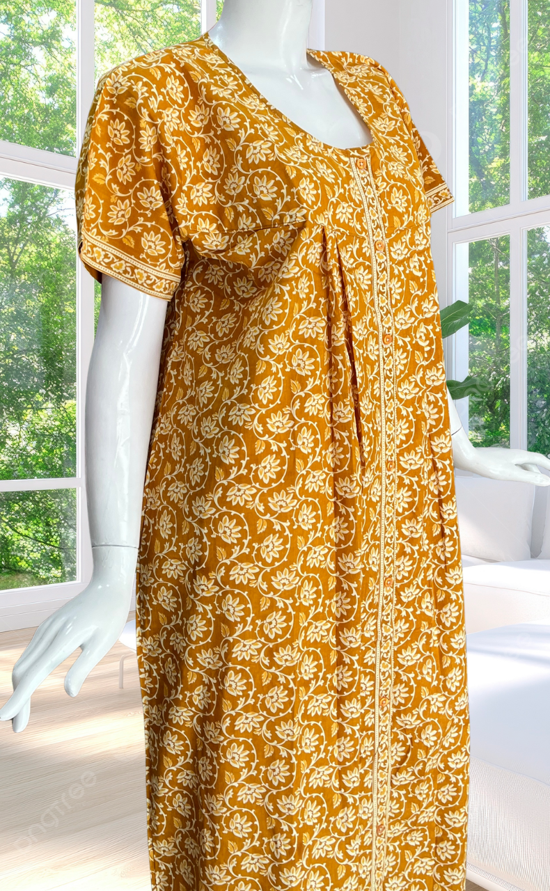 Yellow Garden Full Open Pure Cotton Nighty. Pure Cotton | Laces and Frills