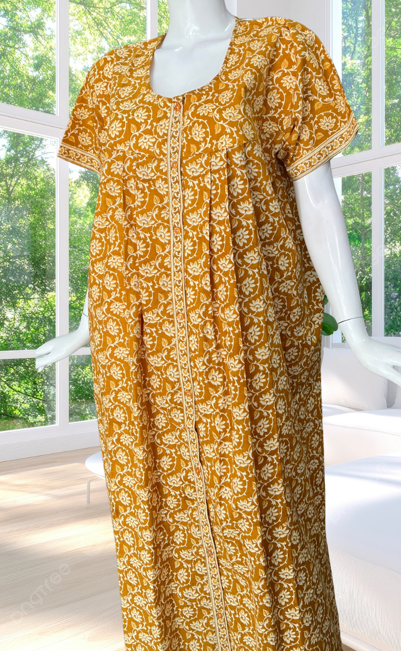 Yellow Garden Full Open Pure Cotton Nighty. Pure Cotton | Laces and Frills