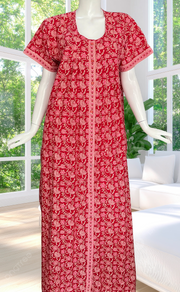 Red Garden Full Open Pure Cotton Nighty. Pure Cotton | Laces and Frills