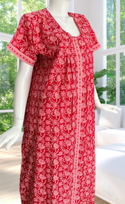 Red Garden Full Open Pure Cotton Nighty. Pure Cotton | Laces and Frills