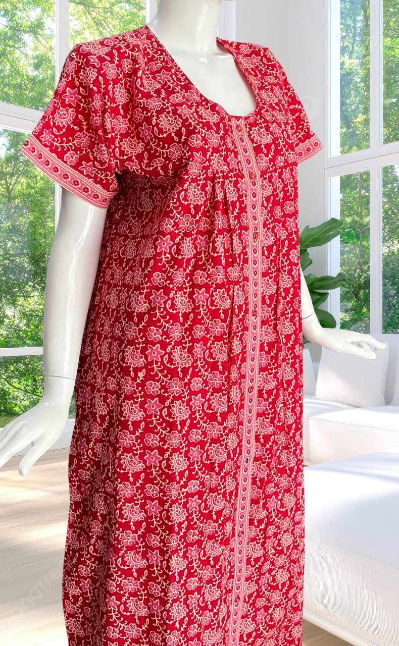 Red Garden Full Open Pure Cotton Nighty. Pure Cotton | Laces and Frills