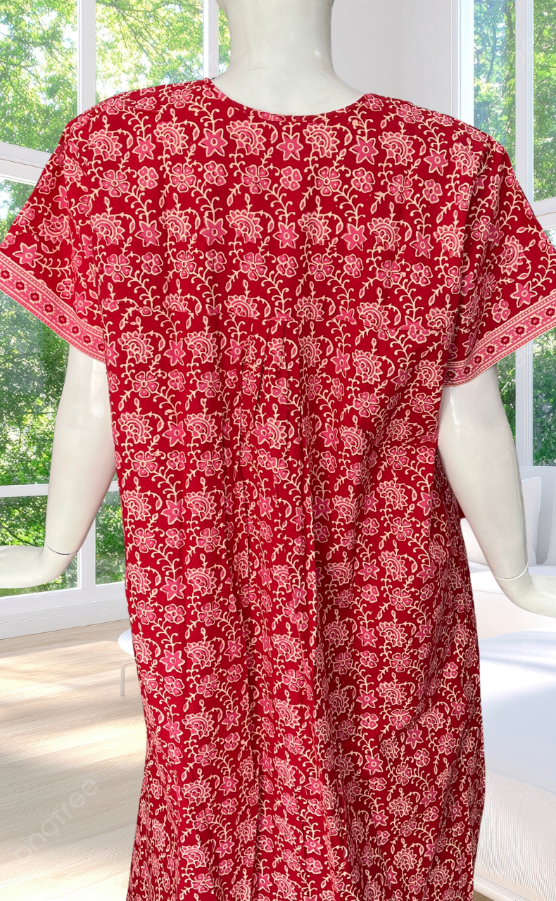 Red Garden Full Open Pure Cotton Nighty. Pure Cotton | Laces and Frills