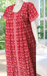 Red Garden Full Open Pure Cotton Nighty. Pure Cotton | Laces and Frills