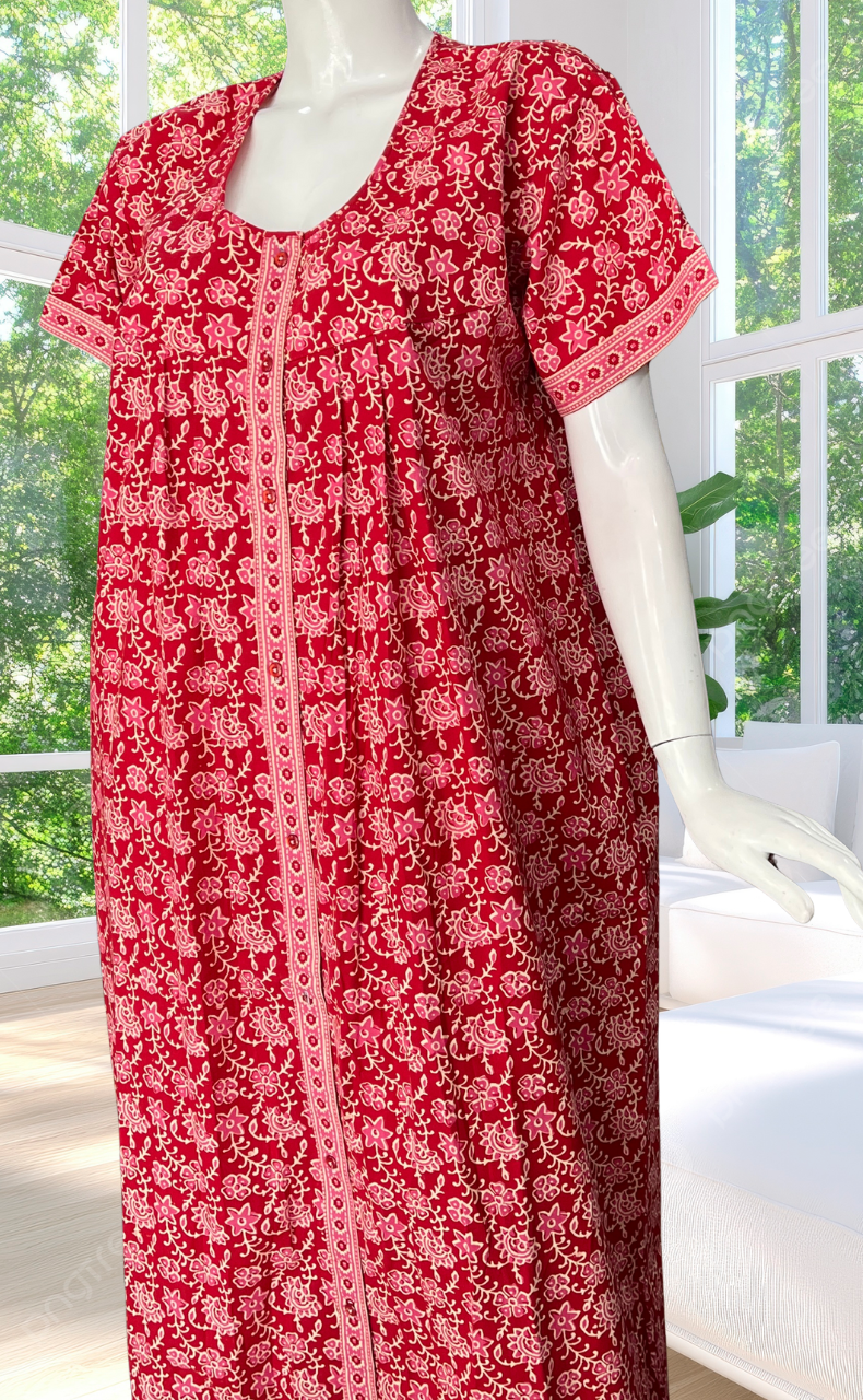 Red Garden Full Open Pure Cotton Nighty. Pure Cotton | Laces and Frills