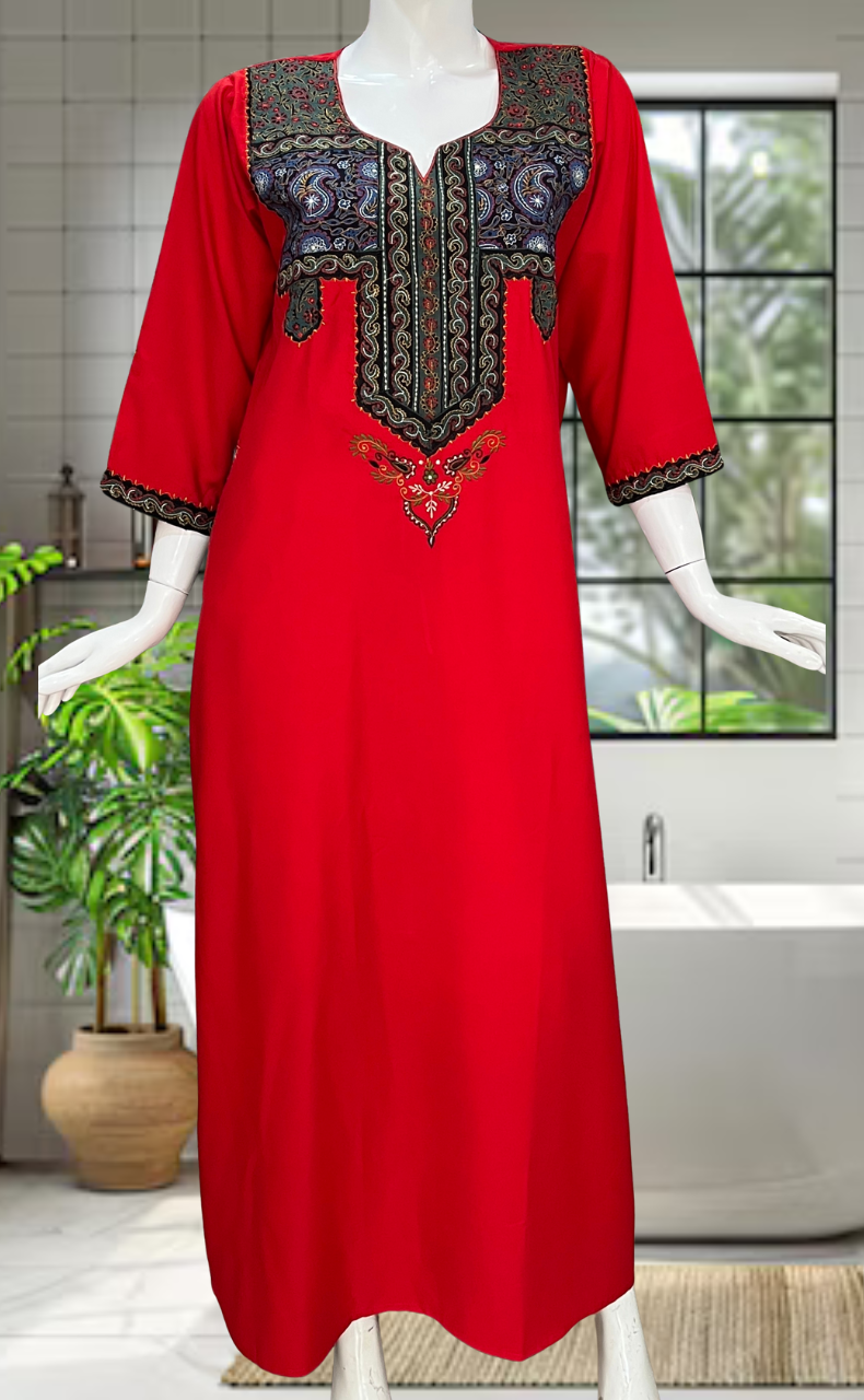 Red Bhopali Embroidery Soft Cotton Nighty. Soft Breathable Fabric | Laces and Frills - Laces and Frills