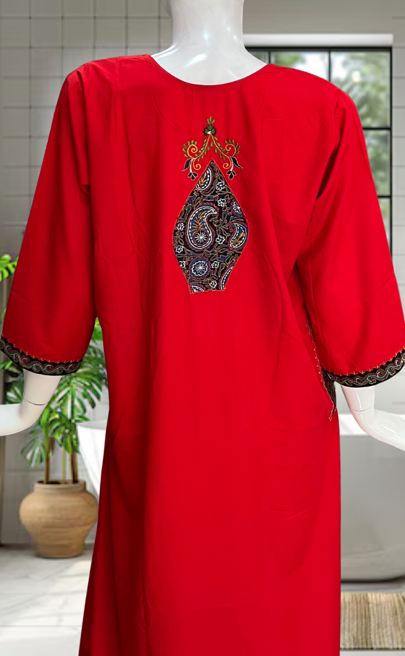 Red Bhopali Embroidery Soft Cotton Nighty. Soft Breathable Fabric | Laces and Frills - Laces and Frills