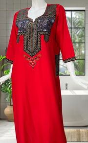Red Bhopali Embroidery Soft Cotton Nighty. Soft Breathable Fabric | Laces and Frills - Laces and Frills