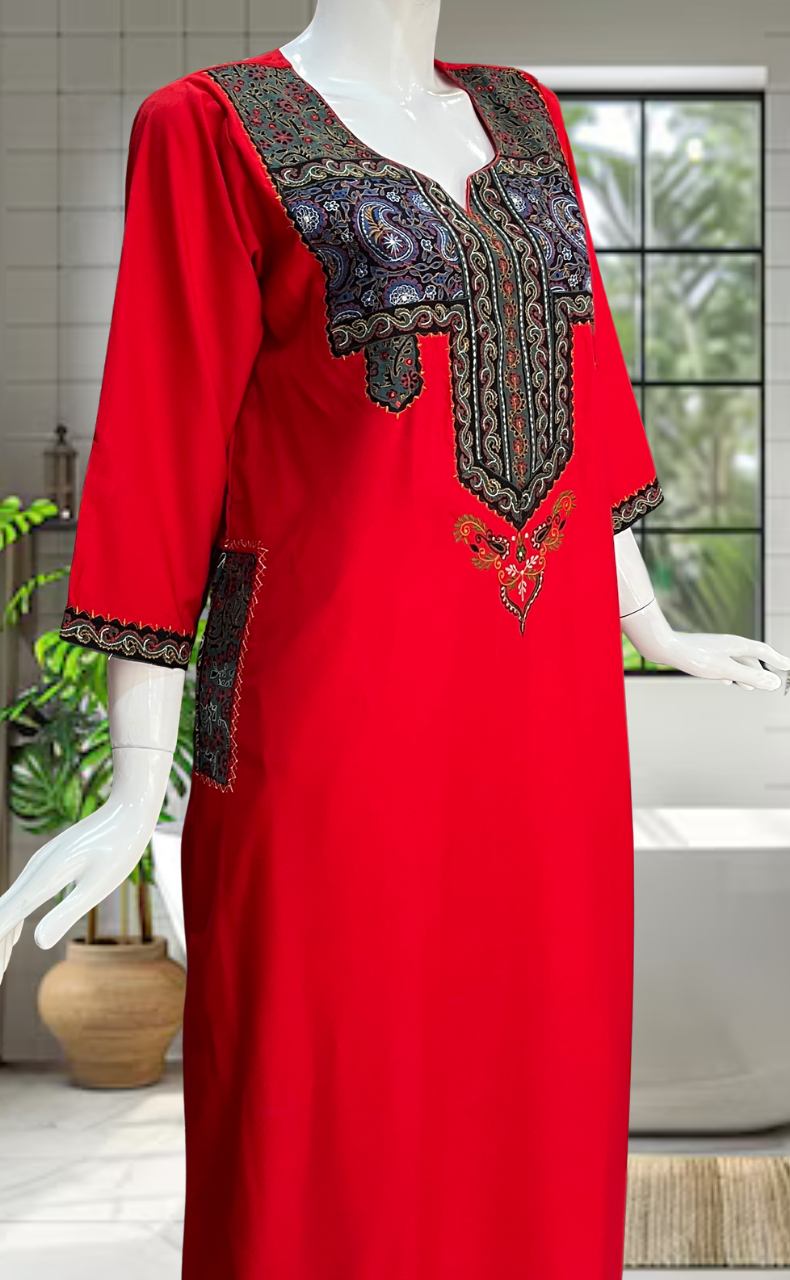 Red Bhopali Embroidery Soft Cotton Nighty. Soft Breathable Fabric | Laces and Frills - Laces and Frills