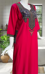 Rani Pink Bhopali Embroidery Soft Cotton Nighty. Soft Breathable Fabric | Laces and Frills - Laces and Frills