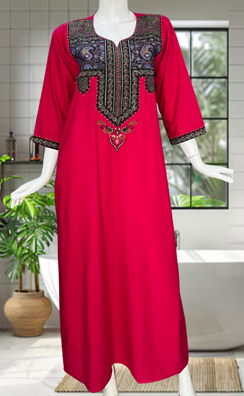 Rani Pink Bhopali Embroidery Soft Cotton Nighty. Soft Breathable Fabric | Laces and Frills - Laces and Frills