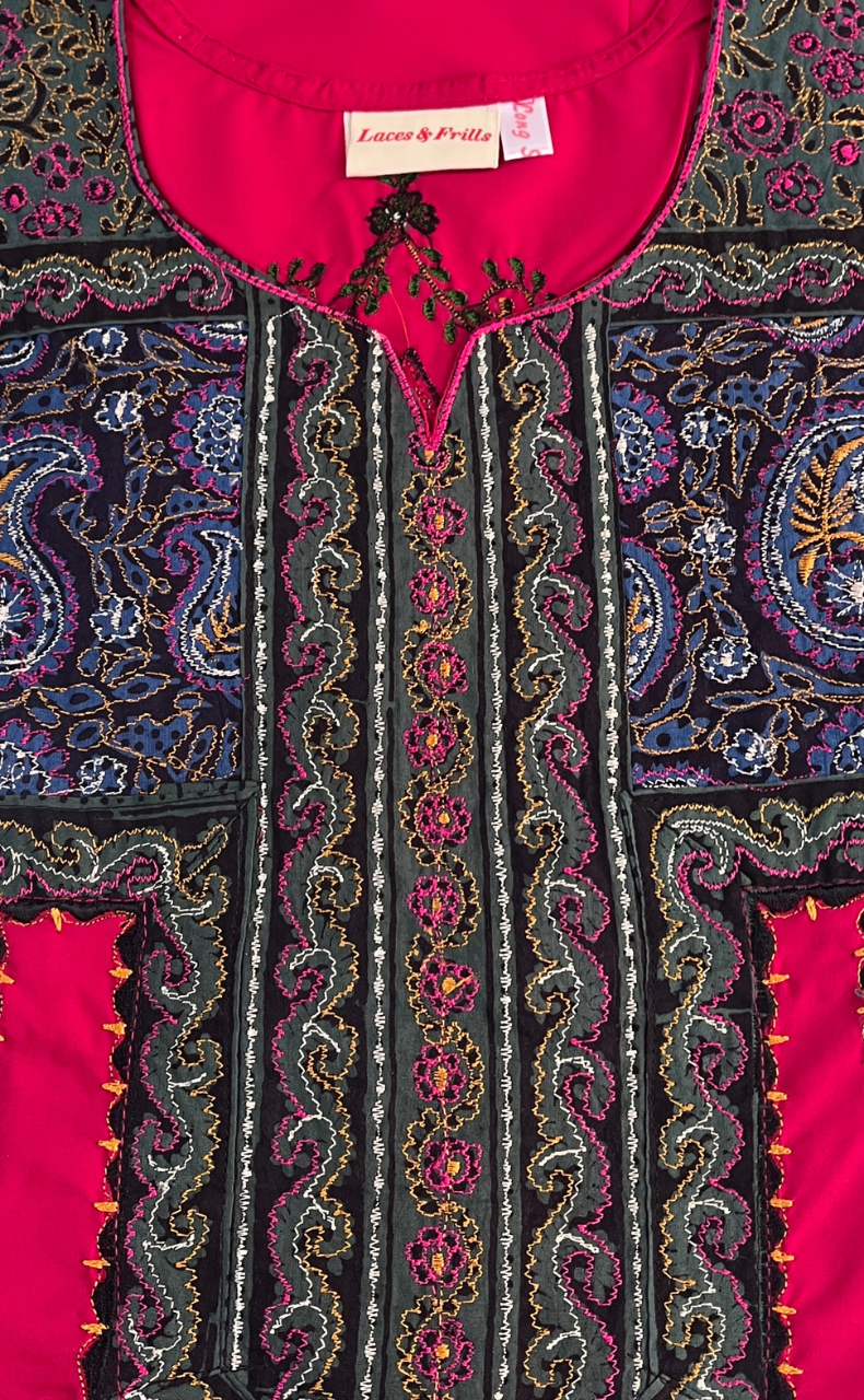 Rani Pink Bhopali Embroidery Soft Cotton Nighty. Soft Breathable Fabric | Laces and Frills - Laces and Frills