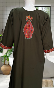 Olive Green Bhopali Embroidery Soft Cotton Nighty. Soft Breathable Fabric | Laces and Frills - Laces and Frills