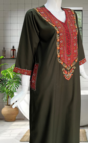 Olive Green Bhopali Embroidery Soft Cotton Nighty. Soft Breathable Fabric | Laces and Frills - Laces and Frills
