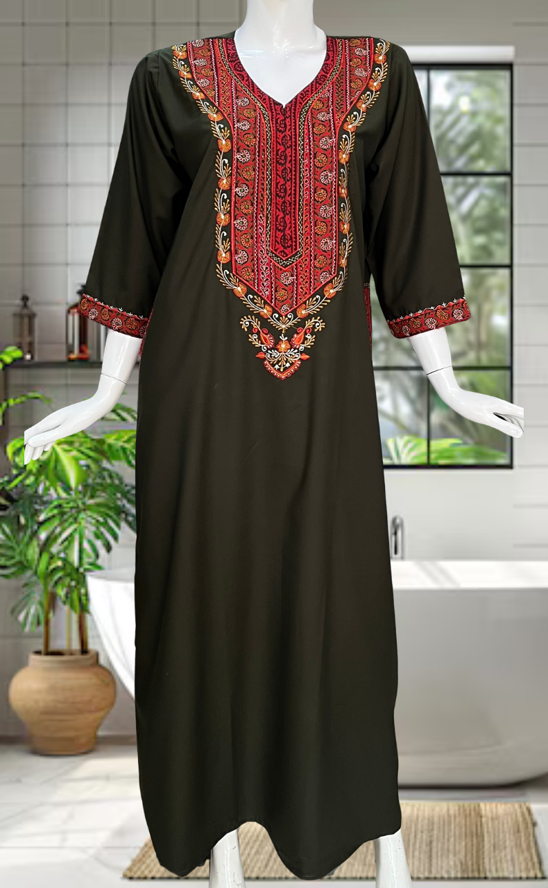Olive Green Bhopali Embroidery Soft Cotton Nighty. Soft Breathable Fabric | Laces and Frills - Laces and Frills