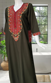 Olive Green Bhopali Embroidery Soft Cotton Nighty. Soft Breathable Fabric | Laces and Frills - Laces and Frills