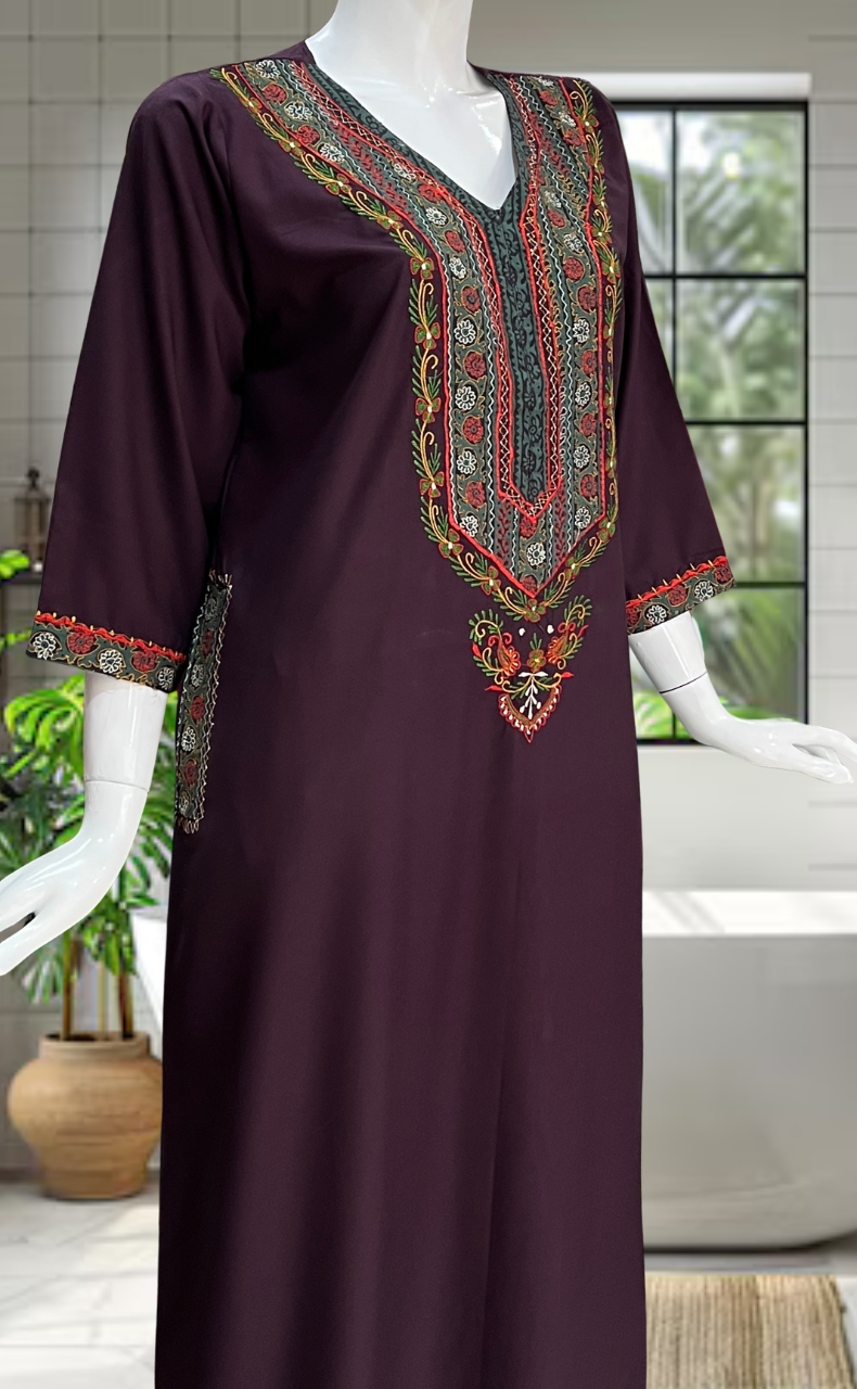 Violet Bhopali Embroidery Soft Cotton Nighty. Soft Breathable Fabric | Laces and Frills - Laces and Frills