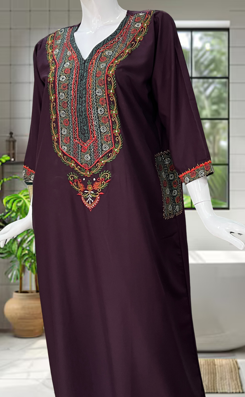 Violet Bhopali Embroidery Soft Cotton Nighty. Soft Breathable Fabric | Laces and Frills - Laces and Frills