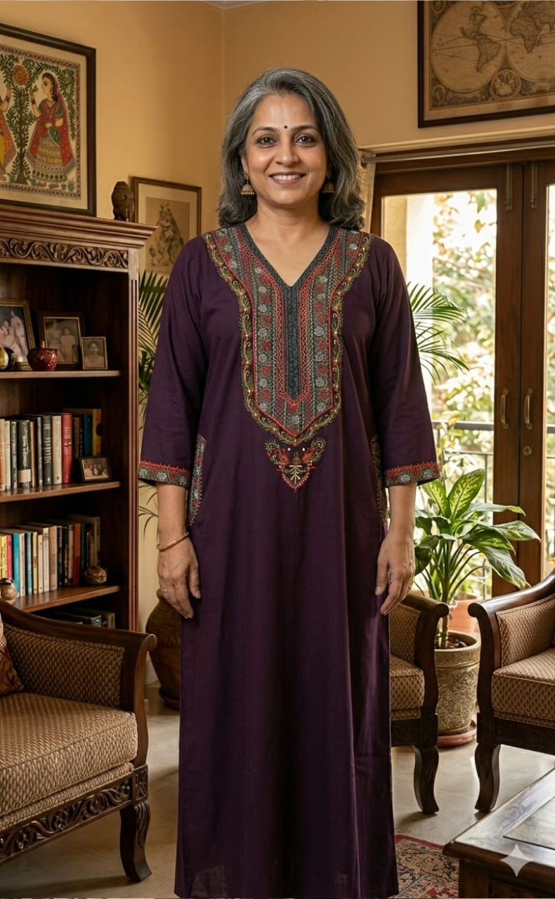 Violet Bhopali Embroidery Soft Cotton Long Sleeves Nighty. Soft Breathable Fabric | Laces and Frills - Laces and Frills