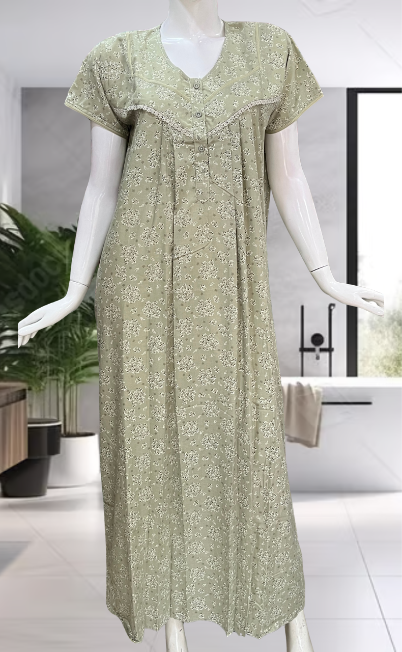 Pista Green Tiny Floral Soft Cotton Nighty. Soft Breathable Fabric | Laces and Frills - Laces and Frills
