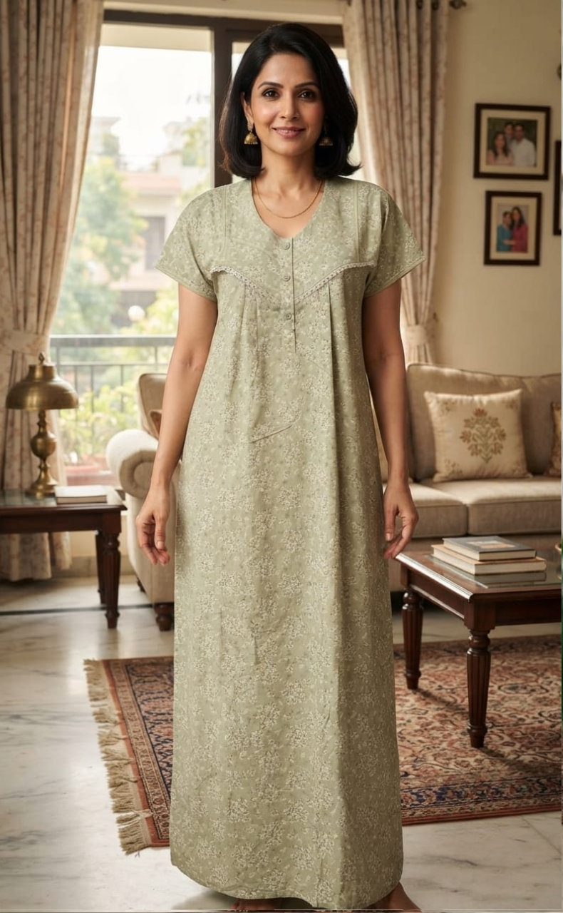 Pista Green Tiny Floral Soft Cotton Nighty. Soft Breathable Fabric | Laces and Frills