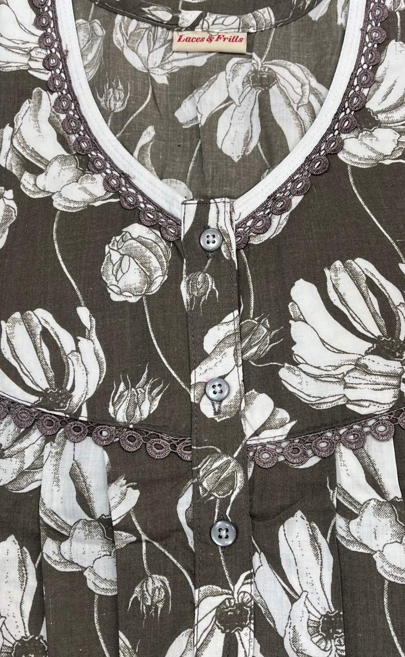 Brown Floral Soft Cotton Nighty. Soft Breathable Fabric | Laces and Frills - Laces and Frills