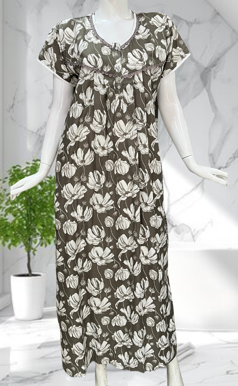 Brown Floral Soft Cotton Nighty. Soft Breathable Fabric | Laces and Frills - Laces and Frills