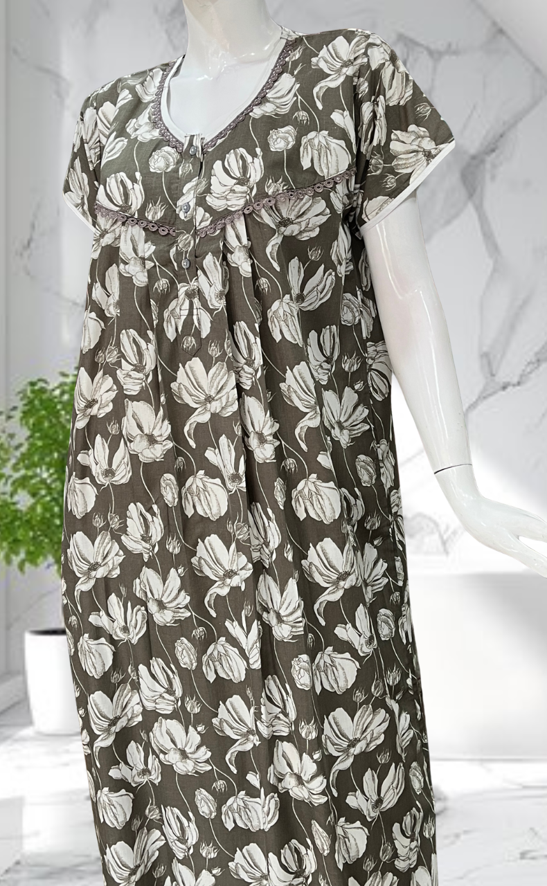 Brown Floral Soft Cotton Nighty. Soft Breathable Fabric | Laces and Frills - Laces and Frills