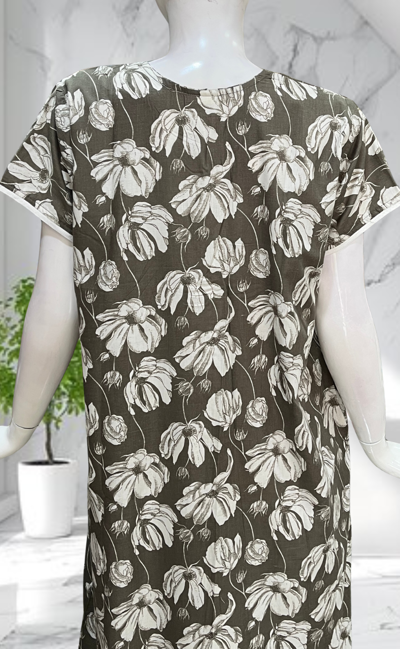 Brown Floral Soft Cotton Nighty. Soft Breathable Fabric | Laces and Frills - Laces and Frills