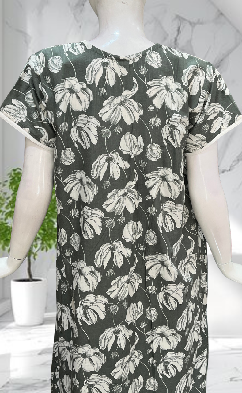 Pista Green Floral Soft Cotton Nighty. Soft Breathable Fabric | Laces and Frills - Laces and Frills