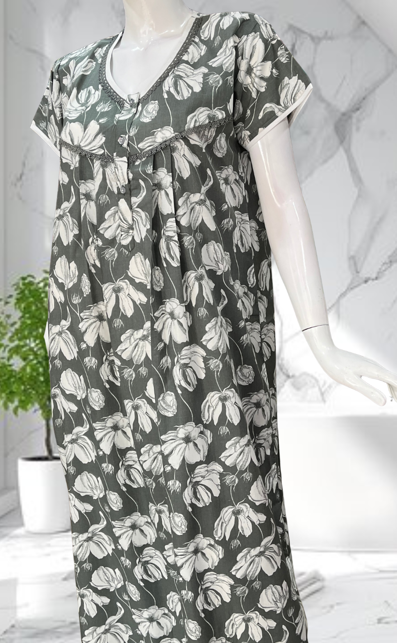 Pista Green Floral Soft Cotton Nighty. Soft Breathable Fabric | Laces and Frills - Laces and Frills
