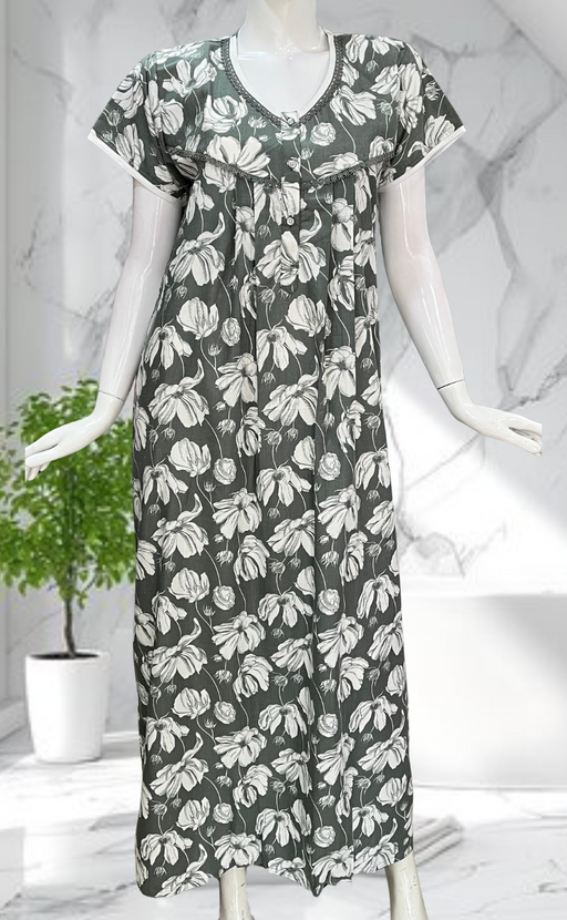 Pista Green Floral Soft Cotton Nighty. Soft Breathable Fabric | Laces and Frills - Laces and Frills