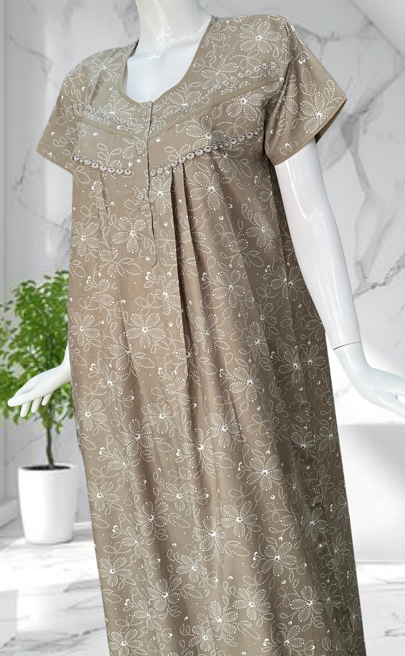 Beige Garden Soft Cotton Nighty. Soft Breathable Fabric | Laces and Frills - Laces and Frills