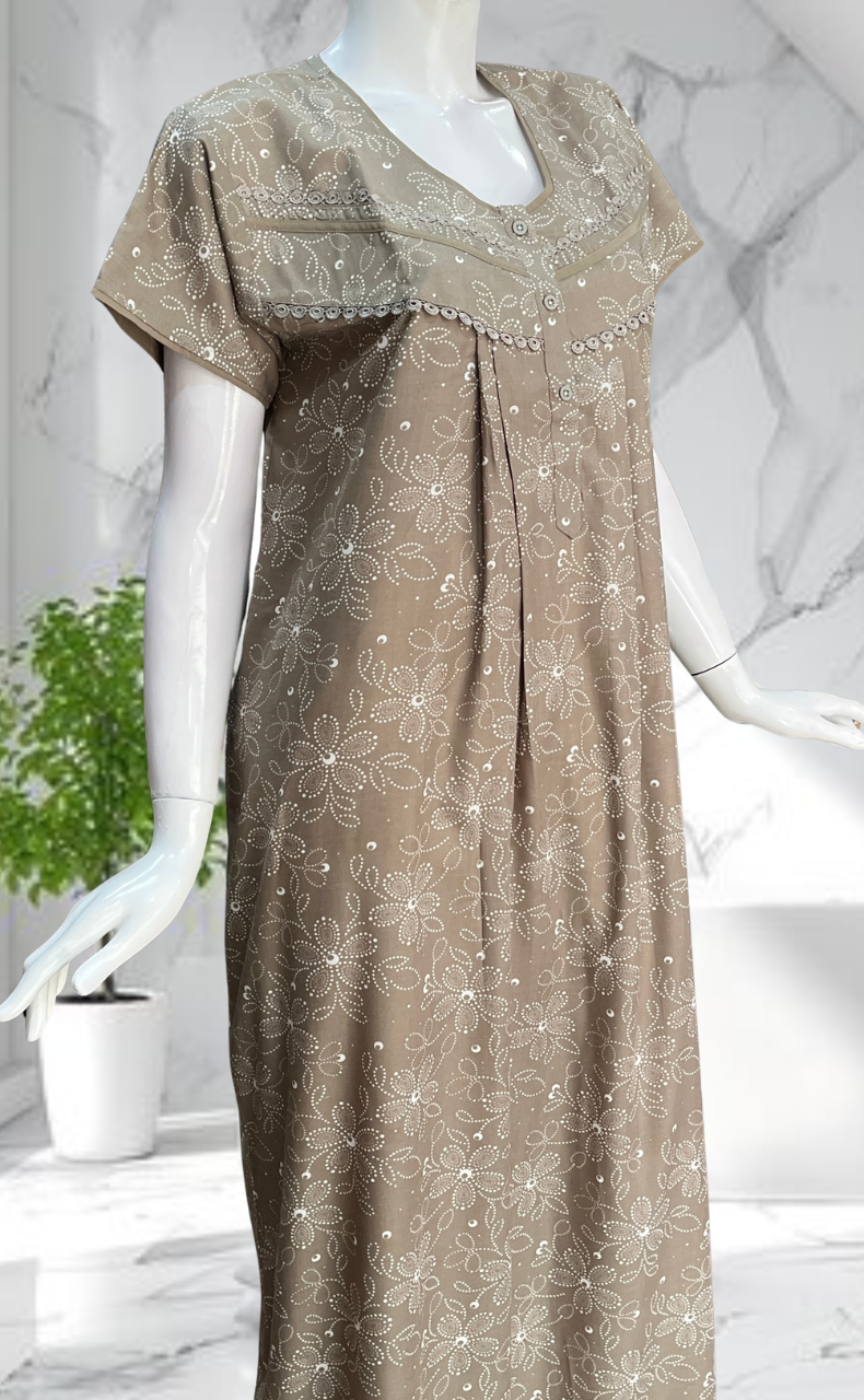 Beige Garden Soft Cotton Nighty. Soft Breathable Fabric | Laces and Frills - Laces and Frills