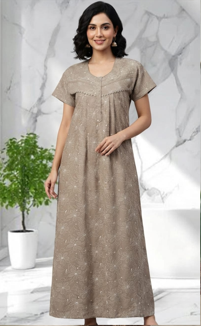 Beige Garden Soft Cotton Nighty. Soft Breathable Fabric | Laces and Frills